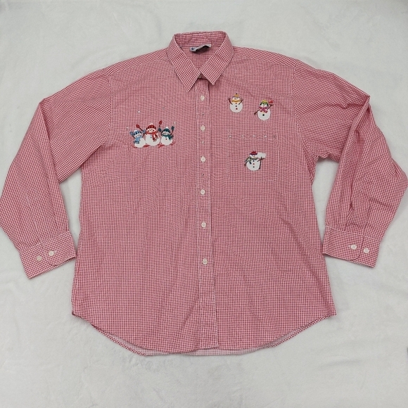 Vintage Tops - LAS OLAS WOMENS VINTAGE RED WHITE GINGHAM SNOWMAN HOLIDAY CHRISTMAS BUTTON UP L